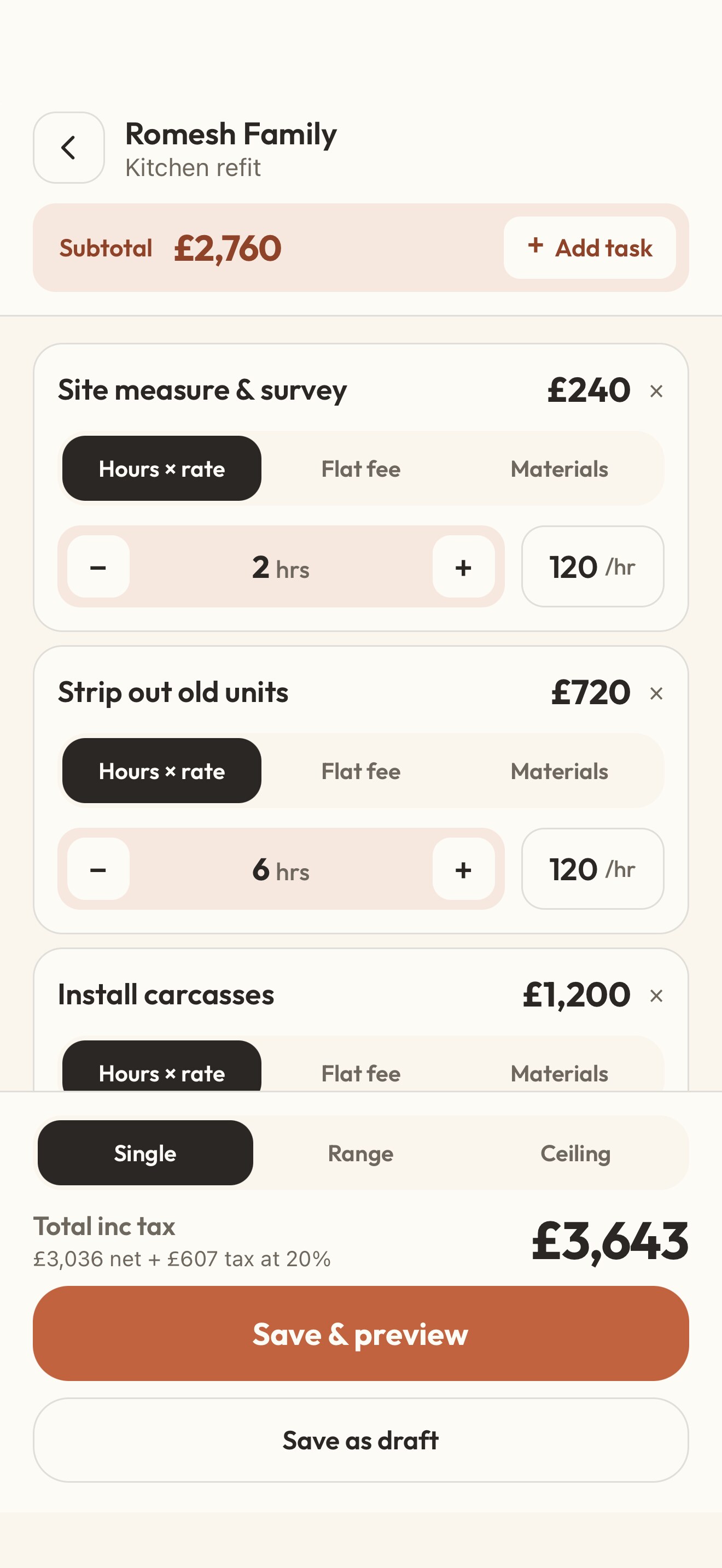 Costlane quote builder screen showing task lines with hours and rate, a contingency buffer slider, and a running total