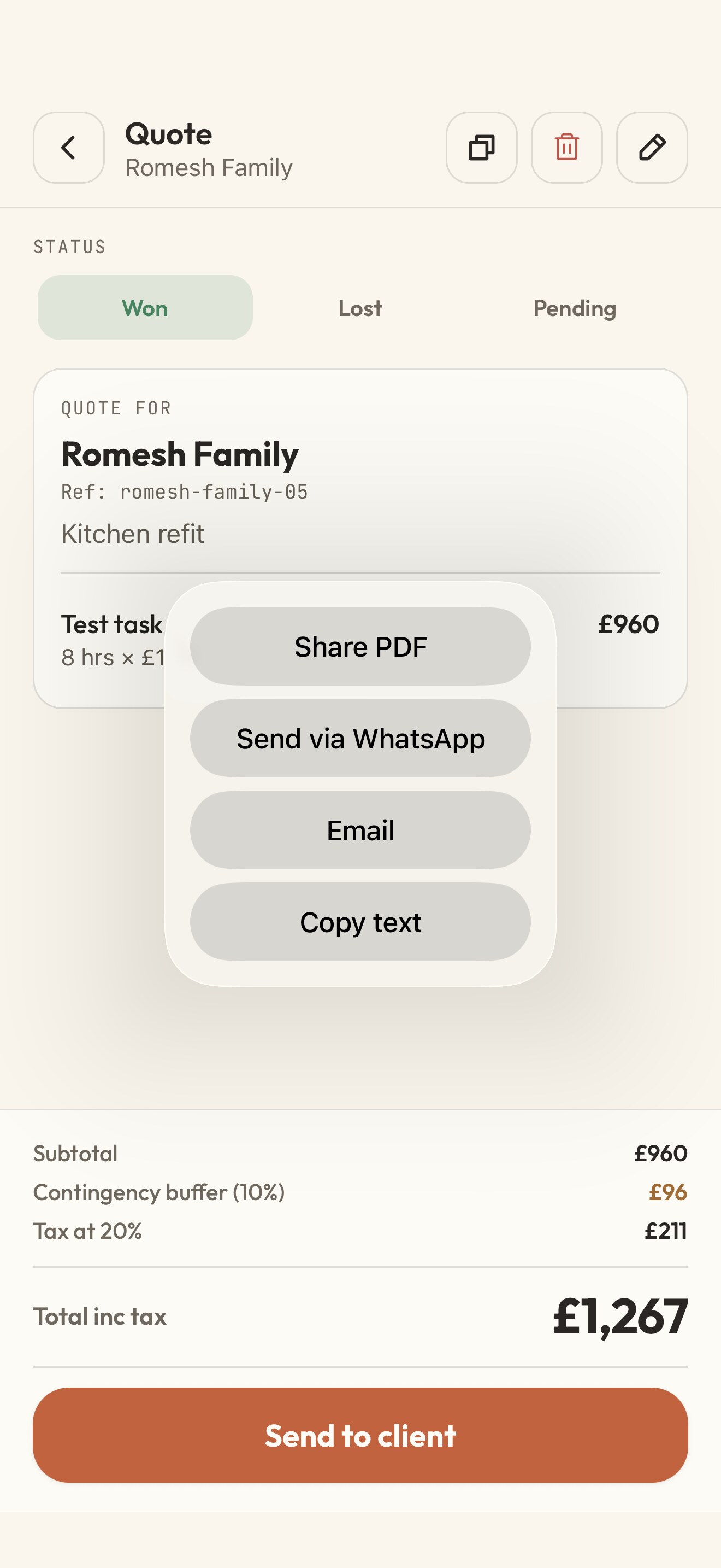 Costlane send sheet over a quote screen, with options to Share PDF, Send via WhatsApp, Email, or Copy text
