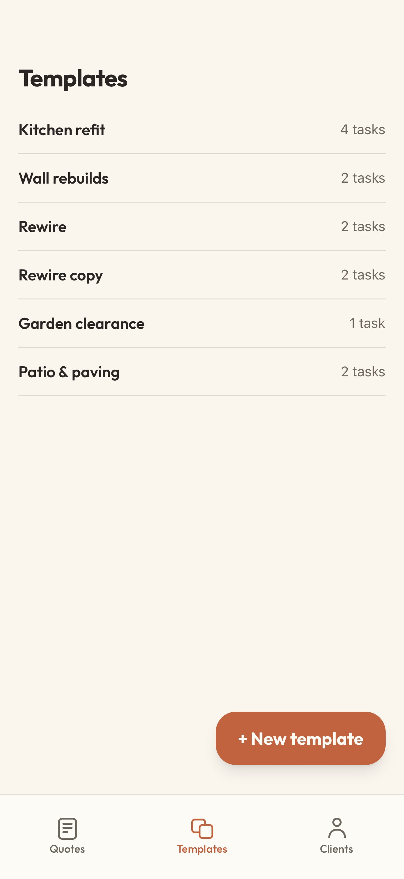 Costlane Templates screen listing Kitchen refit, Wall rebuilds, Rewire, Garden clearance, and Patio & paving, each with a task count