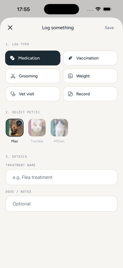 Pet HQ Log Something screen with Medication selected as the log type, Max selected as the pet, and treatment name and dose fields below