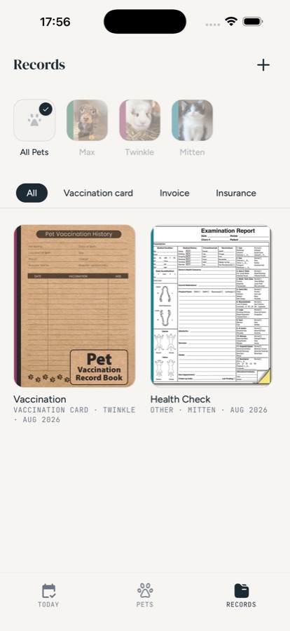 Pet HQ Records screen showing category filters (All, Vaccination card, Invoice, Insurance) and two document thumbnails: a vaccination history booklet for Twinkle and a health check exam report for Mitten