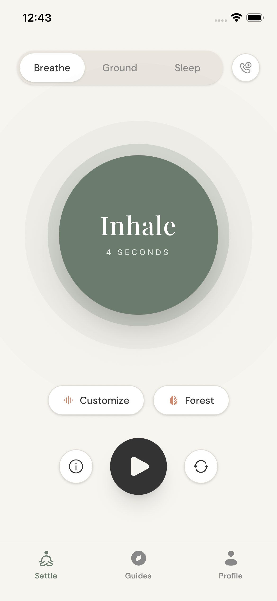 Settle app screen showing a guided box breathing exercise, with an Inhale timer and Breathe, Ground, and Sleep tabs